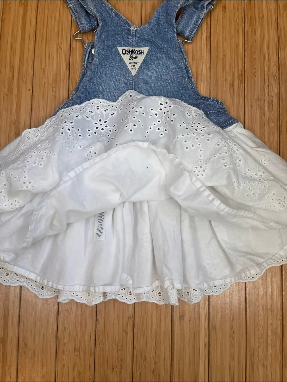 OshKosh B’Gosh Vestbak Bib Overall Dress Girls 2T Denim White Eyelet Lace Skirt